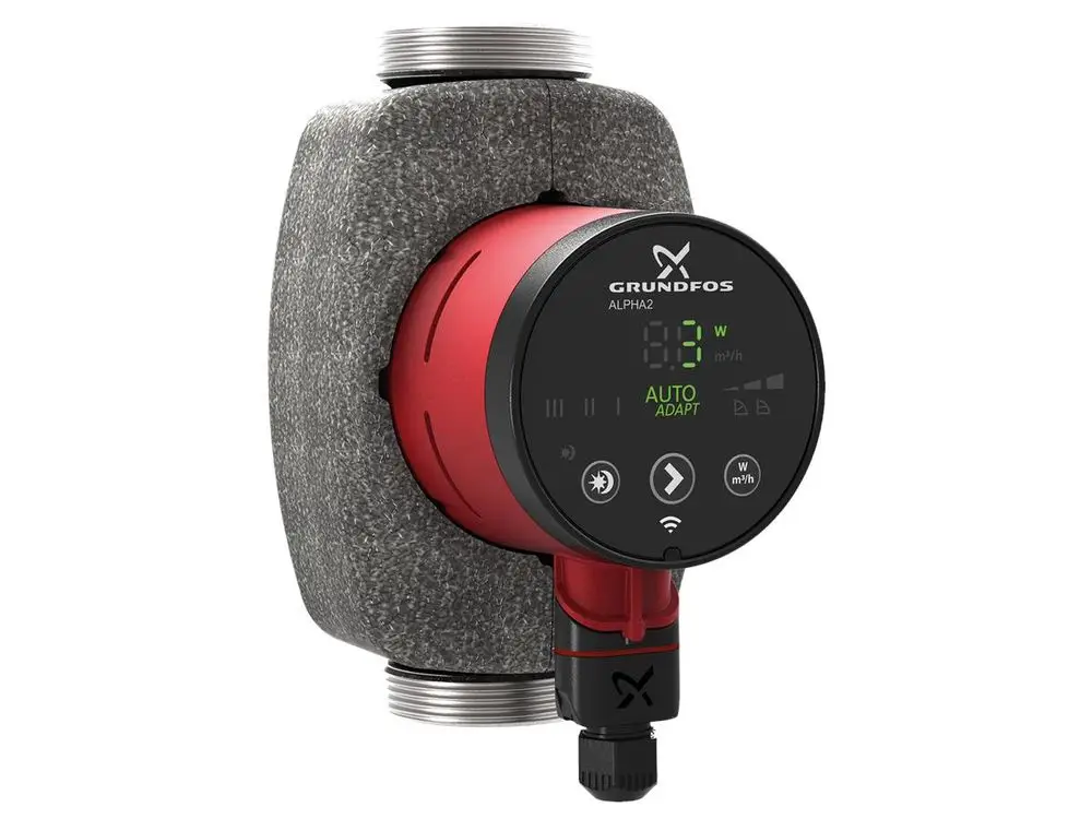 Grundfos Umwälzpumpe mit digitalem Display, ausgestattet mit WiFi-Funktion und Anzeige für Energieverbrauch, in grauem Gehäuse mit rotem Element. Ideal für Heizungs- und Klimaanlagen.